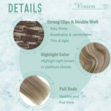 Human Hair Clip in Extensions Blonde 18 inch Vivien Highlight Light Brown to Platinum Blonde Full Head Remy Human Hair Clip in Human Hair Extensions Double Weft Thick Ends 7pcs 120g
