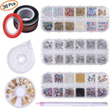 36Pcs Nail Art Decoration Kit, Nail Rhinestones Set Multi-size Jewels Metal Nail Rivets Studs Colorful Nail Art Supplies, Nail Art Striping Tape & Striping Roller Box