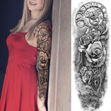 11 Sheets NEZAR Sexy Big Rose Flower Full Arm Temporary Tattoos For Women Compass Clock Fake Tattoo Sticker Long Large Temporary Tattoo Sleeves Tribal Waterproof Twisted Chain Temp Tatoo Paper Skull