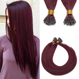 SEGO Nano Ring Bead Hair Extension 100% Remy Human Hair Extension Pre-bonded Micro Nano Rings Beads Loop Hand Tied Hairpiece Straight 18 Inch #99J Wine Red 1g/strand 50g/pack