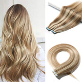20 PCS Rooted Tape In Hair Extensions Human Hair Invisible Seamless Skin Weft Long Straight Highlight Double Side Tape Hair Extensions For Women (20'',50g/20pcs,#12P613 Golden Brown&Bleach Blonde)