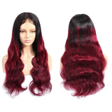 1B Burgundy Ombre Lace Closure Front Wig, 100% Unprocessed Human Hair Wigs with Baby Hair, Red Wine Color Body Wave Lace Wigs 250% Density (12", 1B/99J, 250%)