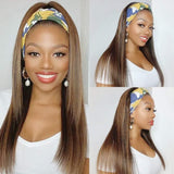 #4/27 Blonde Highlights Headband Wig Human Hair Beginner Friendly 20 Inch Silky Straight Brown with Blonde Balayage None Lace Front Wigs with Headbands Attached 150% Density