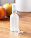 2 oz Frosted Clear Glass Boston Round White Fine Mist Spray Bottle (12 pack) + Funnel for essential oils, aromatherapy, food grade, bpa free
