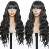 Fugady Hair Long Wavy Black Wigs With Side Bangs Synthetic Body Wave Fiber Wig Natural Curly Heat Resistant Full Machine Made Wig For Black Women Daily Cosplay Party