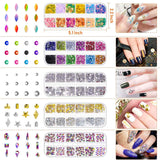 Nail Gems and Rhinestones, Thrilez 4 Boxes Nail Art Rhinestones with 120 Pcs AB Crystal Nail Jewels Diamonds, 1728 Pcs Flatback Nail Rhinestones and 12 Pots Foil Flakes Glitter for Acrylic Nails