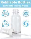 1 oz / 30 ml Clear Glass Boston Round White Treatment Pump Bottle (12 Pack) + Funnel for Cosmetics, serums, Essential Oils, Aromatherapy, Food Grade, bpa Free