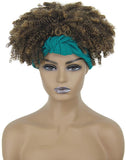 Headband Wigs with Bangs Short Afro Kinky Curly Wigs for Black Women Head Wrap Wigs 2 in 1 Synthetic Brown Blonde Wig for Women Afro Scarf Wigs Short Curly Hair Bun Ponytail With Curly Bangs AK007