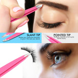 JagerOneUk Stainless Steel 2-piece Tweezers Set with Leather Pouch | Unisex Professional Eyebrow Tweezers | Best for Plucking Precision Chin Facial Hairs with Anti Slip Grip - Pink