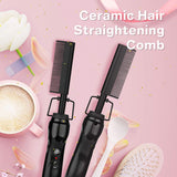 Homfu Electric Hot Straightening Heat Pressing Comb Ceramic Curling Flat Iron Curler Designed Hair Straightener for Natural Black ,Anti-Scald Beard Straightener Press Comb (Black)