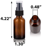 1 oz / 30 ml Amber Glass Boston Round Bottle with Black Treatment Pump (8 Pack) + Clear Travel Bag and Funnel