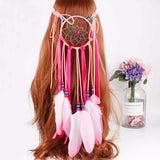 AWAYTR Hippie Headband Feather Dreamcatcher Headdress Boho Headwear Native Headpiece Hippie Feather Hair Accessories (Pink-2)
