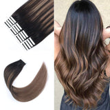Sixstarhair Silky Straight Beautiful Balayage Color New Trend Tape in Hair Extensions Dark Brown Fading to Chestnut Brown Remy Human Hair Ombre and Piano Colors [Color B2-6 16inch]