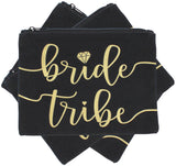 3pc Bride Tribe Makeup Bags - Bridesmaid Favor for Bachelorette Party, Bridal Shower, Wedding. Also Great as Toiletry Bag, Wedding Survival Kit, Hangover Kit, Keepsake (3pc Pack, Black & Gold)