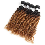 Brazilian Ombre Deep Wave Virgin Hair Weave 4 Bundles Wet and Wavy Brazilian Deep Curly Hair Bundles Ombre Human Hair Extensions Two Tone Color T1B/30(16 16 18 18)