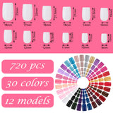 30 Sets 720 Pieces Medium Square Press on Nails Fingernails Glossy False Nail Full Cover Artificial Fake Nail Colorful Acrylic Nail Tip Kit for Nail Art Salon (Dark Colors)