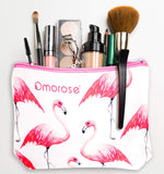 Omorose Cosmetics Womens Girls Small Cute Makeup Toiletry Beauty Zipper Zip Closure Portable Accessory Organizer Storage Pencil Holder Travel Flamingo Print Cotton Canvas Purse Pouch Bag, White & Pink