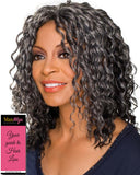 Glenda Wig Color 1B - Foxy Silver Wigs Medium Length Monofilament Half Synthetic Corkscrew Curls African American Womens Lightweight Average Cap Bundle with MaxWigs Hairloss Booklet