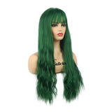 Womens Long Curly Wavy Green Wigs with Bangs Cosplay Costume Full Wigs Synthetic Fiber Replacement Heat Resistant Party Hair Wigs with Wig Cap