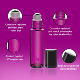 Essential Oil Roller Bottles [Metal Chrome Roller Ball] FREE Plastic Pippette, Funnel and Bottle Opener Refillable Glass Color Roll On for Fragrance Essential Oil - 10 ml 1/3 oz (8 PACK, PURPLE)