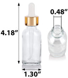 1 oz / 30 ml Clear Glass Boston Round Bottle with Gold Metal and Glass Dropper (24 pack) + Funnel