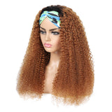 Ombre Human Hair Curly Headband Wig 1 Piece, Dark Brown Afro Kinky Curly Brazilian Hair Two Tone Dark Root with None Lace Front Wigs for Black Women, Blonde Jerry Curl Wigs (16", 1B/30, Curly)