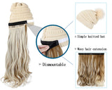 Qlenkay Beanie Hat Knit with Long Wavy Curly Hair Extensions Wig Dismountable Warm Knitted Pom Cap Attached 20inch Synthetic Hairpiece for Women Winter Ginger Blonde Mix Bleach Blonde