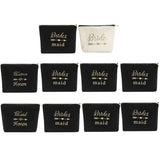 Pack of 10 Multi-Purpose Canvas Makeup Bags Include 1 Bride Bag 1 Maid of Honor Bag 1 Matron of Honor Bag and 7 Bridesmaid Bag Wedding Party Cosmetic Bags Zippered Bridesmaid Proposal Gifts (Black)