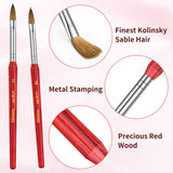 Nail Brush 100% Pure Kolinsky Hair Acrylic Nail Art Brush Red Wood Pen Nail Brush 2 Sizes with 5 Pieces Nail Files Set (10#12#)