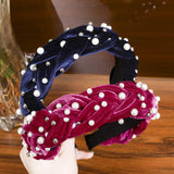 Velvet Braided Pearl Padded Headband Spanish Vintage Style Alice Hair Band Matador Headband (wine red+navy blue)