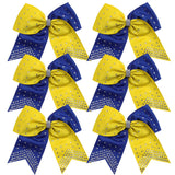 8 Inch 2 Colors Cheerleader Bows Ponytail Holder with Rhinestones Hair Tie Cheerleading Bows 6 Pcs (Royal Blue/Yellow)