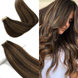 Labeh 14 inch Tape in Human Hair Extensions Ombre Dark Brown Highlighted Light Brown 20 Pieces 50g Per Pack Remy Human Hair Double Sided Tapes in Hair Extensions