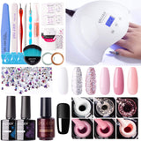 Gellen Gel Nail Polish Starter Kit with LED/UV Nail Lamp - Pinks and Glitters 6 Colors Nail Gel Starter Kit, Top Base Coat Matte Top Coat Manicure Tools Nail Art Decorations Rhinestones Set