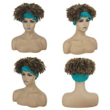 Headband Wigs with Bangs Short Afro Kinky Curly Wigs for Black Women Head Wrap Wigs 2 in 1 Synthetic Brown Blonde Wig for Women Afro Scarf Wigs Short Curly Hair Bun Ponytail With Curly Bangs AK007