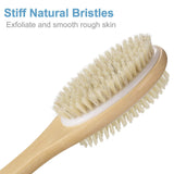 Emoly Bath Body Exfoliating Brush，Portable Shower Back Cleaning Scrubber with Long Wooden Handle, Double-Sided Brush Head for Exfoliating Skin and A Soft Scrub