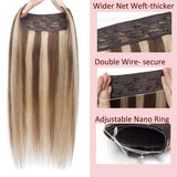 16 Inch Human Hair Wire Extensions Highlight Thicker Secret Fish Line Hidden Crown Hair Long Straight No Clips No Glue Hairpieces Invisible Fish Line in 90g Balayage #4/27 Medium Brown Mix Dark Blonde