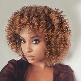 Forfeels Afro Wig with bangs for Black Women Short Kinky Curly Brown Shoulder Length Synthetic Full Wigs for Daily Use with Wig Cap