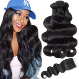 AUTTO Hair Unprocessed Brazilian Body Wave 3 Bundles with Closure (12 14 16+12 Closure,Natural Black) Virgin Brazilian Hair Bundles Weave with Lace Closure Free Part