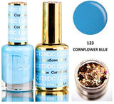 DND DC Blues & Greens GEL POLISH DUO, Gel Lacquer 0.5 oz + Matching Nail Polish Color 0.5 oz, Daisy Nails (with Glitter) Made in USA (Cornflower Blue (123).)