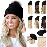 Qlenkay Beanie Hat Knit with Long Wavy Curly Hair Extensions Wig Dismountable Warm Knitted Pom Cap Attached 20inch Synthetic Hairpiece for Women Winter Light Chestnut Brown