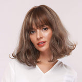 TopWigy Mix Brown Short Wig Short Wavy Bob Wig with Bangs Heat Resistant Fiber Hair Wigs for Women Shoulder Length Wig 14 Inches Daily