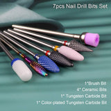 Tungsten Carbide Ceramic Nail Drill Bits Set Nail Efile Drill Bits Kit 3/32 Inch for Cuticles Acrylic Nails Gel Polish Manicure Pedicure Nail Art Tools, 7pcs with Holder  (S07-Ac)