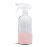 Just Like Joan Clear Glass Spray Bottle with Silicone Sleeve – 16 oz. Reusable Container – Zero-BPA Refillable Sprayer – Non-Slip Bottom Cover (Blush Pink)