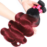 Misoun Hair Ombre Brazilian Virgin Body Wave Hair One Bundles 18inch Weaves Two Tone Black to Burgundy Color Human Hair Weaving(1B/99J,18")