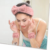 4 Pieces Spa Headband Wrist Washband Face Wash Set, Include 2 Microfiber Headband and 2 Wrist Washband for Women Girls Prevent Liquids from Spilling Down Your Arms (Pink)