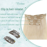 Vivien Clip in Human Hair Extensions 14 inch, Silky Straight Platinum Blonde Human Hair Extensions Clip in, Remy Hair Extensions Clip in Human Hair 7Pcs