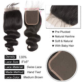 5X5 Closure Human Hair Pre Plucked Bleached Knots Baby Hair Around Brazilian Virgin Hair 130% Density Grade 8A Natura Color Body Wave Closure 10 Inch