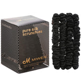 Miwen Silk Scrunchies for Women, Small Black, 100% Pure Mulberry Silk Hair Ties, 22 Momme, Soft & Shiny, Less Pulling, Breakage for Ponytail and Hair Sleep (Pack of 4)