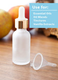 1 oz / 30 ml Frosted Clear Glass Boston Round Bottle with Gold Metal and Glass Dropper (4 pack) + Funnel