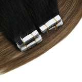 Sunny Tape in Human Hair 18 inch Balayage Tape in Hair Extensions Tape in Real Remy Human Hair Off Black Ombre to Dark Brown and Strawberry Blonde 50 Grams 20Pcs